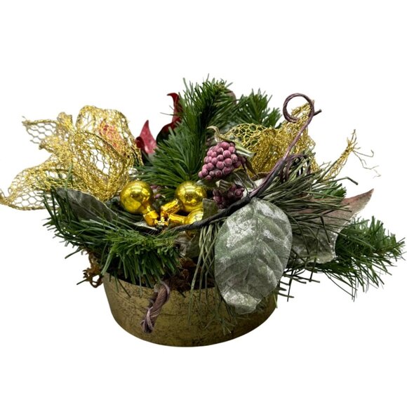 Festive Artificial Holiday Centerpiece with Gold Base Ribbon Used READ - Picture 1 of 5